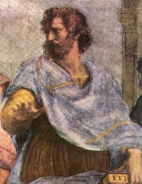 Aristotle (with the features of ) depicted by  holding his Ethics: detail from the   , 1510 – 1511