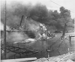 Wreckage of bombed USS Shaw on Pearl Harbor