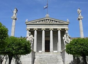 The National Academy in Athens, with Apollo and Athena on their columns, and Socrates and Plato seated in front.