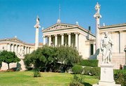 The Academy, designed by  and completed in 1885, is flanked by the National Library and the University of Athens. Known as the 'trilogy', these three neoclassical buildings are considered the finest examples of the Greek architectural order.