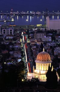 Shrine of the Bb at night from above in , Israel