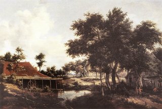 The Water Mill by Meindert Hobbema (1663-68) Oil on wood, 77,5 x 111 cm.  Muses Royaux des Beaux-Arts, Brussels