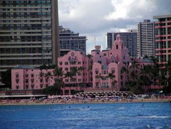 Royal Hawaiian Hotel is also known as the Pink Palace of the Pacific. It was one of the first hotels built along the shores of Waikīkī.  Today it is part of the Starwood Sheraton family of resorts.