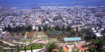 Haifa Bay from atop Mt. Carmel looking down past the Bah' Shrine and Gardens