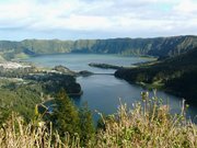 The Sete Cidades twin lakes, with the town of Sete Cidades to the left