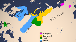 Geographical distribution of Finno-Ugric (Finno-Permic in blue, Ugric in green). Also shown are the Samoyedic and Yukaghir languages (after Ruhlen, 1987)