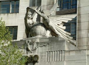 Speed Wings Over the World, statue on a portal above the Empire Terminal's main entrance; by Eric Broadbent