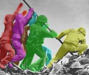 ( / )A photo colorized to show all six men -  (red),  (violet),  (Green),  (Yellow),  (brown), Rene Gagnon (teal)
