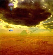 An artist's impression of the Huygens probe as it descends through Titan's atmosphere. Titan's sky may well be darker and smoggier than this painting suggests and Saturn never actually rises above the horizon at the probe's landing site.