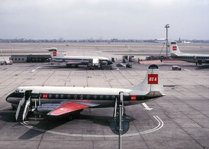 Vickers Viscount Model 802 of British European Airways at London (Heathrow) Airport, 1964.