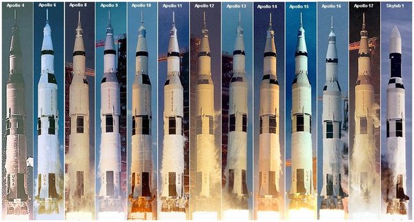 The Saturn V launched day or night in foul weather or fair at the appropriate time to reach its destination as shown in this montage of all launches