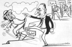 Nasser (Egypt), backed by other Arab states, throws Israel into the sea. Pre-1967 War cartoon. Al-Farida newspaper, Lebanon