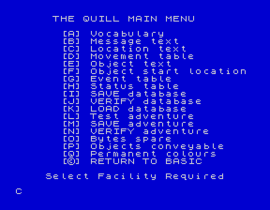 The main menu of The Quill (ZX Spectrum version).