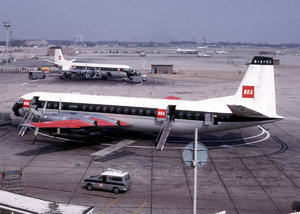 Vickers Vanguard (G-APEC) at London (Heathrow) Airport in 1965. This aircraft was built in 1959 and was lost (broke up in flight) in 1971.