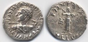 Silver  of Menander I (155-130 BC).Obv:  legend, BASILEOS SOTHROS MENANDROY lit. "Saviour King Menander". Rev:  legend: MAHARAJA TRATASA MENADRASA "Saviour King Menander".  advancing right, with thunderbolt and shield.  mint mark.