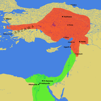 The Hittite Empire at the height of its power (red), bordering on the Egyptian Empire (green)