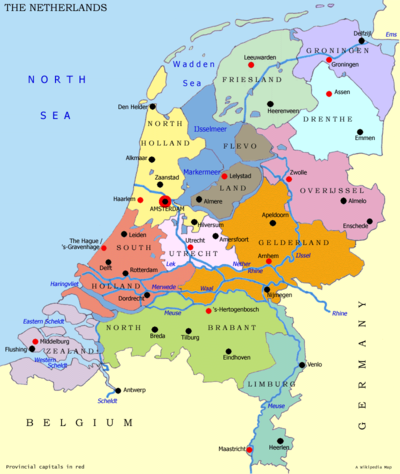 Map of the Netherlands, with provinces and capital cities