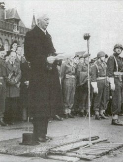 The Mayor of  (Van Slobbe), giving a welcome speech to the 1st Armoured Division which liberated Breda.