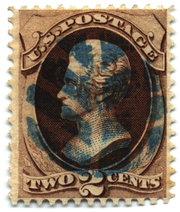 US 2-cent stamp of 1870, cancelled with a leaf shape in blue ink
