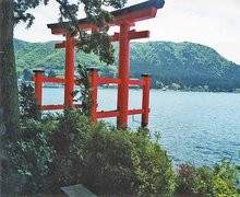 Torii of the shrine in Hakone, at the lake Ashi