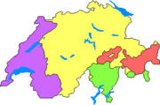 The languages of Switzerland:  (63.7%; yellow),  (19.2%; purple),  (7.6%; green),  (0.6%; red)