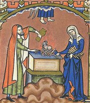 Manoah and his barren wife sacrifice a ram to the angel of the Lord (above); the wife wears a  in this miniature painted in Paris, ca 1250 (the Maciejowski Bible).