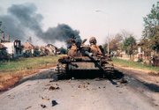 A destroyed Yugoslav Army tank in Vukovar, 1991