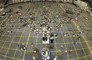 Grid on the floor of the Reusable Launch Vehicle (RLV) Hangar where workers in the field bring in pieces of Columbia's debris. The Columbia Reconstruction Project Team attempted to reconstruct the bottom of the orbiter as part of the investigation into the accident.