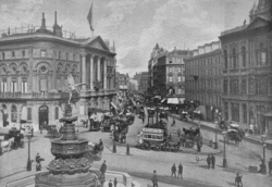 Piccadilly Circus in 1896, with a view towards  via Coventry Street.  can be seen on the left, and  on the right.