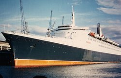 The QE2 cruise liner in Southampton Docks, England, 1976.