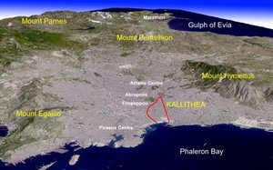 Photo 1: Kallithea on the simulated view of Greater Athens from above. Click box right to enlarge