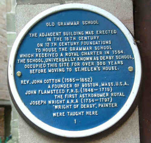 Blue Plaque giving history of the Old Tudor Hall, St. Peter's Church Yard, Derby.
