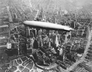 The USS Los Angeles flying over southern Manhattan