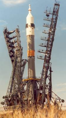 Soyuz rocket on launch pad.