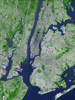 Throgs Neck, shown in red, in the Bronx, New York City