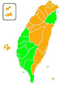 Results by county (Green: DPP, Orange: Soong-Chang)