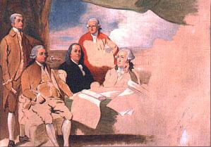 Painting by Benjamin West depicting John Jay, John Adams, Benjamin Franklin, Henry Laurens, and William Temple Franklin. The British commissioners refused to pose, and the picture was never finished.