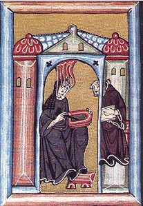 A medieval illumination showing Hildegard von Bingen and the monk Volmar