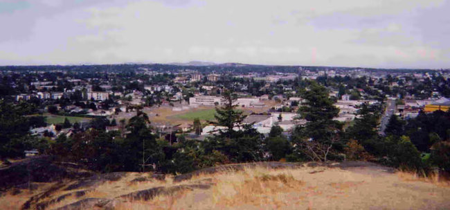 View of Esquimalt, looking northeast from the Highrock Cairn, featuring Esquimalt Secondary School