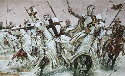 Teutonic Knights, charging into battle. Note the distinct black cross on the white background.