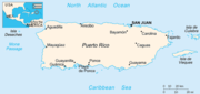 Map of Puerto Rico and Vieques with inset of Caribbean.