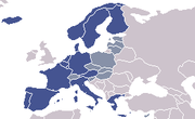 Blue: Schengen treaty membersGrey: Signatories (not yet implemented)