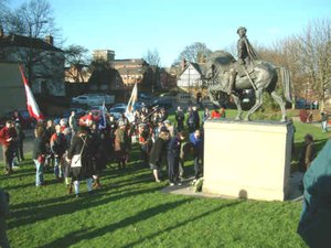 Bonnie Prince Charlie's arrival in Derby re-enacted in front of his statue on Cathedral Green, on the anniversary of his visit in December 1745
