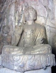 A  Dynasty sculpture of  Buddha, found in the Hidden Stream Temple Cave, ,  indicates.