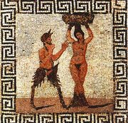 Tile mosaic of Pan and a hamadryad, found in Pompeii