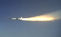 The Pegasus booster accelerating the X-43A, shortly after booster ignition (March 27, 2004)
