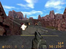 In this scene, the player must cross a dam; but the dam is guarded by an Apache helicopter, and the lake is inhabited. This shot also shows the original  sub-machine gun, instead of the High Definition Pack's / replacement.