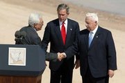  Prime Minister ,  President , and Ariel Sharon after reading statement to the press during the closing moments of the Red Sea Summit in , , , 