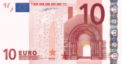 The small circles or dots constituting the EURion constellation are clearly visible on the centre-left of 10  banknotes.
