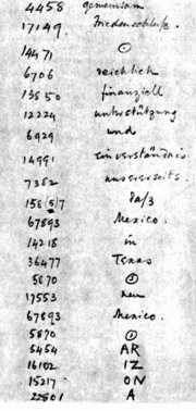 The telegram as decrypted by the  . The word  was not in the German codebook and was therefore split into smaller parts.